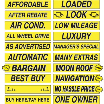 15" Black & Yellow Windshield Slogan Decals (Set of 12)