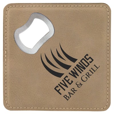 4" x 4" Square Light Brown Leatherette Bottle Opener Coaster