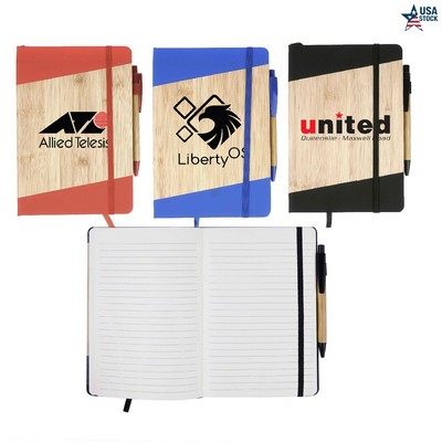 Bamboo Look PU Journal with Matching Strap Closure, Bookmark & Pen Loop