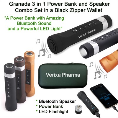 Granada 3 in 1 Power Bank/Bluetooth Speaker Combo 3500 mAh Black Zipper Wallet No Extra Tariff