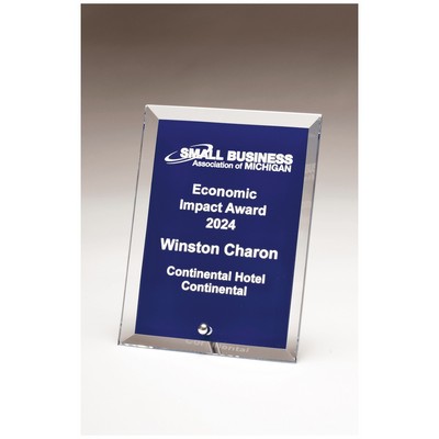 Clear Glass Plaque w/Painted Blue Background, Silver Post