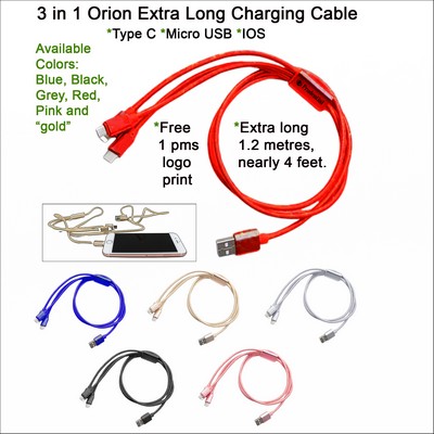 3 in 1 Orion Extra Long Charging Cable Red No Extra Tariff
