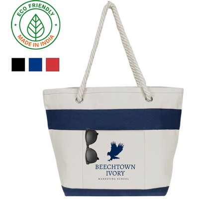 Nautical Rope Eco Friendly Canvas Tote w/Navy Blue Trim