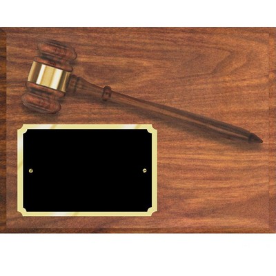 Walnut Finish Gavel Plaque w/Brass Plate, Matching Gavel, 9"x12"