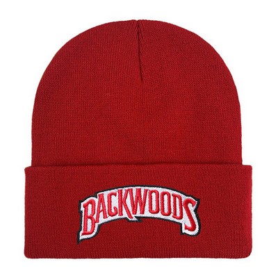 Embroidered Knit Roll Cuff Beanie Cap