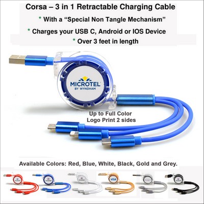 Corsa 3 in 1 Retractable Charging Cable - Blue No Extra Tariff