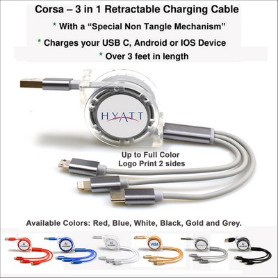 Corsa 3 in 1 Retractable Charging Cable - Grey No Extra Tariff