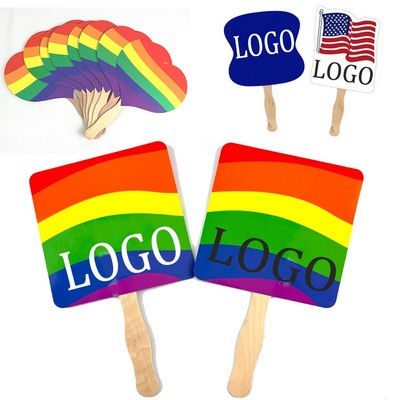 Custom LGBT Pride Rainbow Eco Friendly Square Sandwich Hand Fan w/Wooden Stick 8"x8"