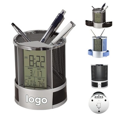 Multi-Function Leather Pen Holder-LCD Clock/Thermometer