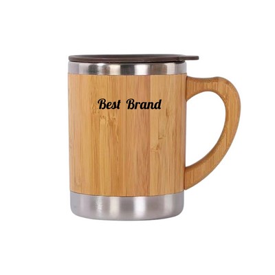 10 oz Bamboo Wood Stainless Steel Mug With Handle