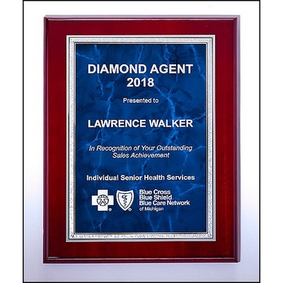 Airflyte® Rosewood High Lustr™ Plaque w/Blue Marble Center & Silver Florentine Border (8"x 10")