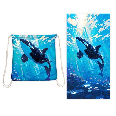 2 in 1 Sublimated Microfiber Beach Towel Drawstring Backpack 28 x 55 Inch