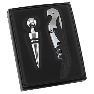Quality Stainless Steel Wine Bottle Opener and Stopper Set (Black Handle)