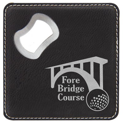 4" x 4" Square Black/Silver Leatherette Coaster with Bottle Opener