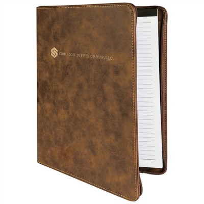 9 1/2" x 12" Rustic/Gold w/ Zipper Leatherette Portfolio with Notepad