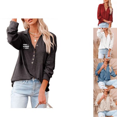 Women's Casual Lapel Button Rib Pullover Tops