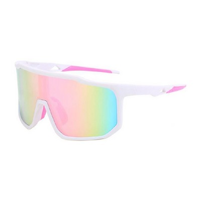 Goggle Sunglasses - Rainbow Mirror Lenses - White and Pink Frames