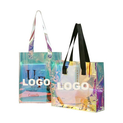 13 2/5"x 11 4/5" Custom Waterproof PVC Holographic Clear Iridescent Beach Tote Bag
