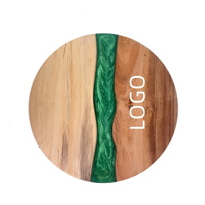 Acacia Round Serving Tray with Green Epoxy Resin Ocean Wave