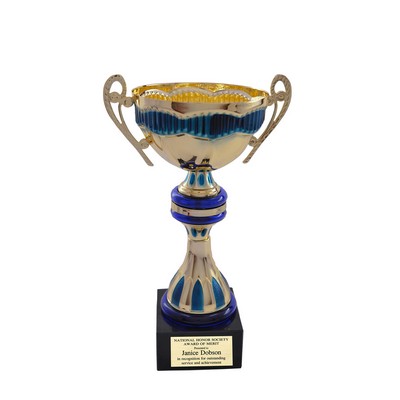 Gold and Blue Metal Ribbon Cup on Black Marble Base