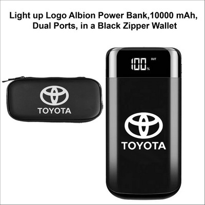 Albion Light Up Logo Power Bank, 10000 mAh, Dual Ports, in a Black Zipper Wallet No Extra Tariff