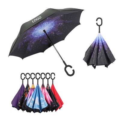 UV Resistant Pongee Fabric Reverse Upside Down Umbrella w/C Shaped Handle