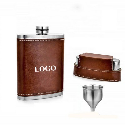 8 Oz Pocket Hip Flask W/ Leather Cover