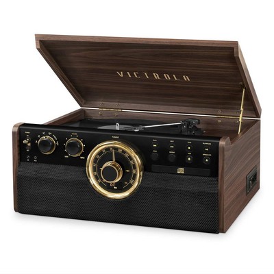 Victrola 6-in-1 Mid-Century Record Player, BT, 3-Speed Turntable, CD, Cassette Player