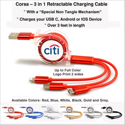 Corsa 3 in 1 Retractable Charging Cable - Red No Extra Tariff