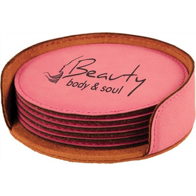 4" Pink Round Leatherette 6-Coaster Set