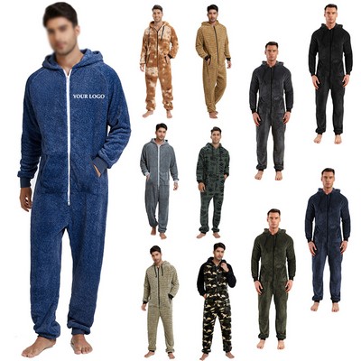 Adult Cotton Hood Onesie Sleepwear One-Piece Pajama Jumpsuits for Men