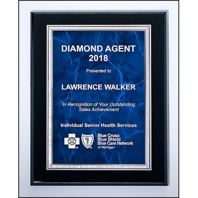 Airflyte® Black High Lustr™ Plaque w/Blue Marble Center & Silver Florentine Border (7"x 9")