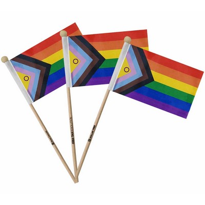LGBTQ+ 4"x6" Progress Pride Flag With Wooden Pole V2 - Popular Official Design