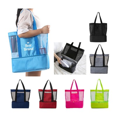 Large Mesh Beach Tote Bag With Insulated Cooler Compartment