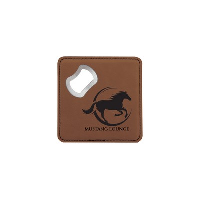4" x 4" Square Dark Brown Leatherette Coaster w/ Bottle Opener