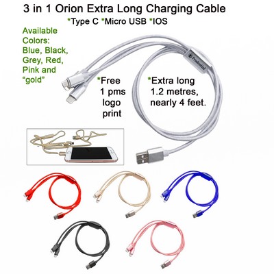 3 in 1 Orion Extra Long Charging Cable Silver No Extra Tariff