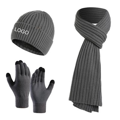 Solid Color Winter Warm Beanie Gloves Long Scarf Set