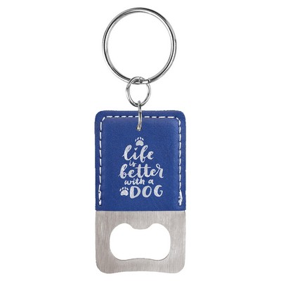 Rectangle Blue/Silver Leatherette Bottle Opener Keychain