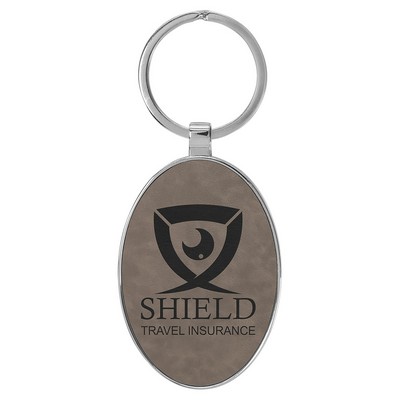 3" x 1 3/4" Leatherette/Metal Gray Oval Keychain