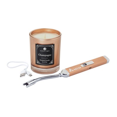 Zippo® Rose Gold Rechargeable Candle Lighter & 8 oz Champagne Candle Gift S