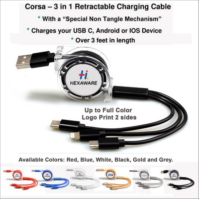 Corsa 3 in 1 Retractable Charging Cable - BLACK No Extra Tariff