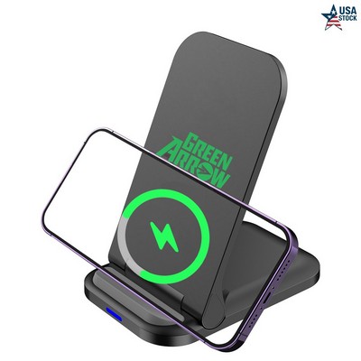 15W Foldable Wireless Charger Stand with Dual Coils & Adjustable Angle