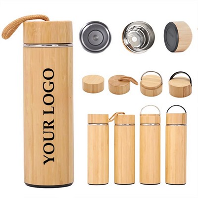 17oz Eco-Friendly Bamboo Steel Water Bottle with Carrying Handle