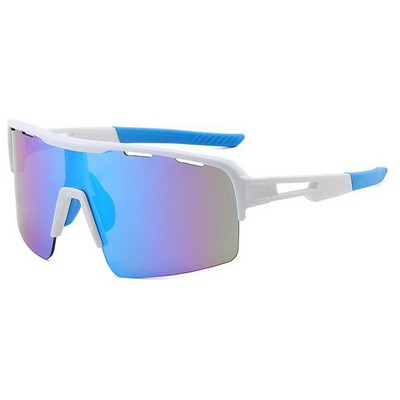 Goggle Sunglasses - Blue Mirror Lenses - White and Blue Frames