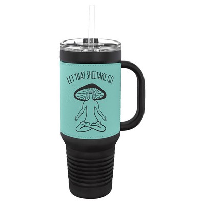 PC 40 oz. Black w/ Teal Laserable Leatherette Travel Mug