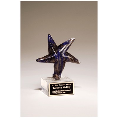 6.9" Blue Star Art Glass w/Gold Highlights on Glass Base