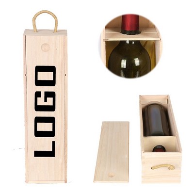 Single Wine Bottle Wooden Gift Box w/Carrying Strap & Lid (13 4/5"x4"x4")