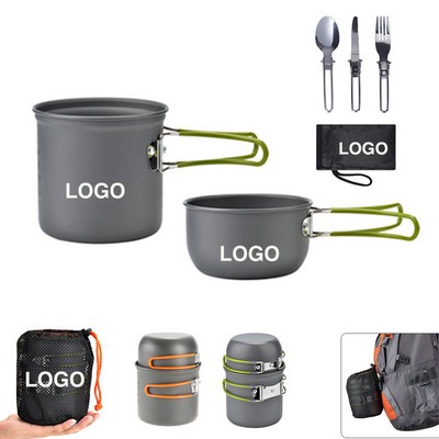 Portable Stackable Aluminum Camping Picnic Cookware Mess Kit w/Pot & Utensils