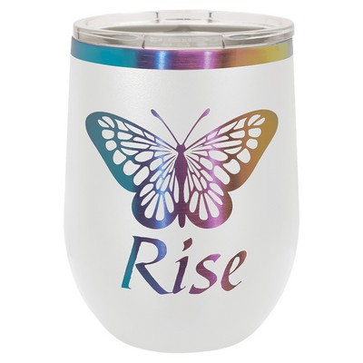 Polar Camel 12 oz. White/Prism ION-Plated Stemless Wine Tumbler with Lid