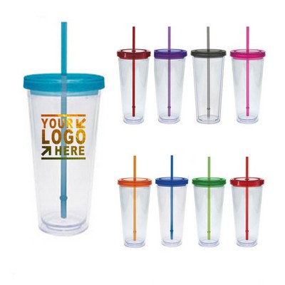 16 Oz. Tumbler Plastic Cup w/Colored Straw & Colored Lid Custom Logo